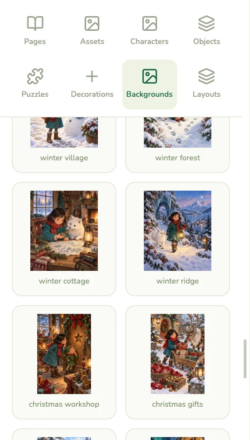 Backgrounds panel with winter village, forest, cottage and ridge scenes