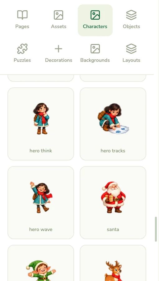 Characters panel with hero poses, Santa, an elf and a reindeer