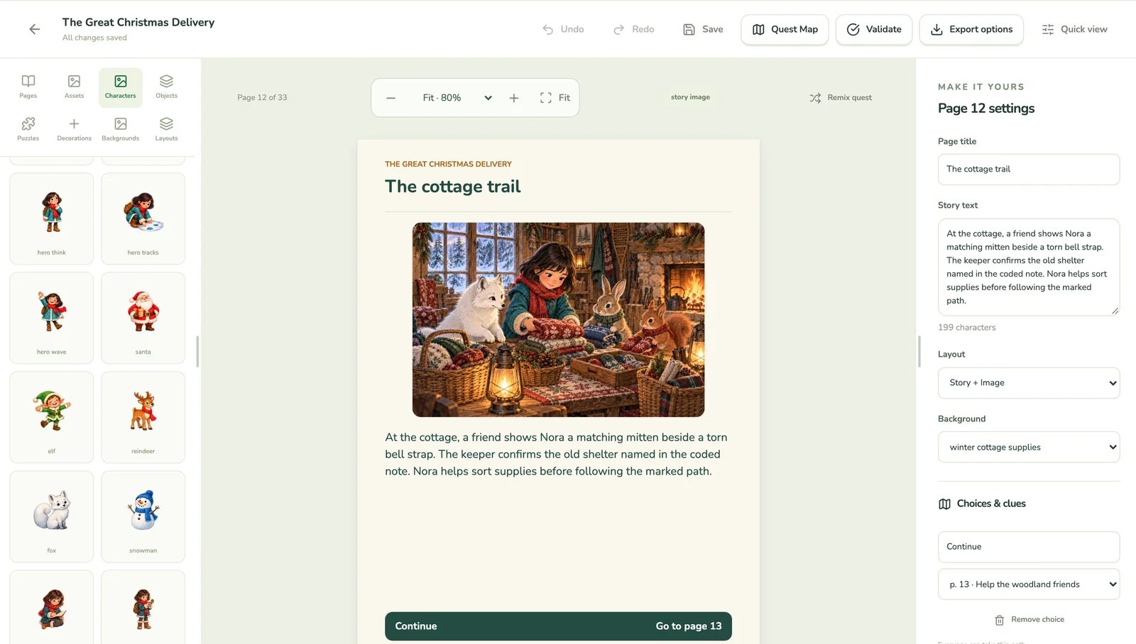 The editor with Advanced tools on: art panels on the left, the page in the middle, page settings on the right