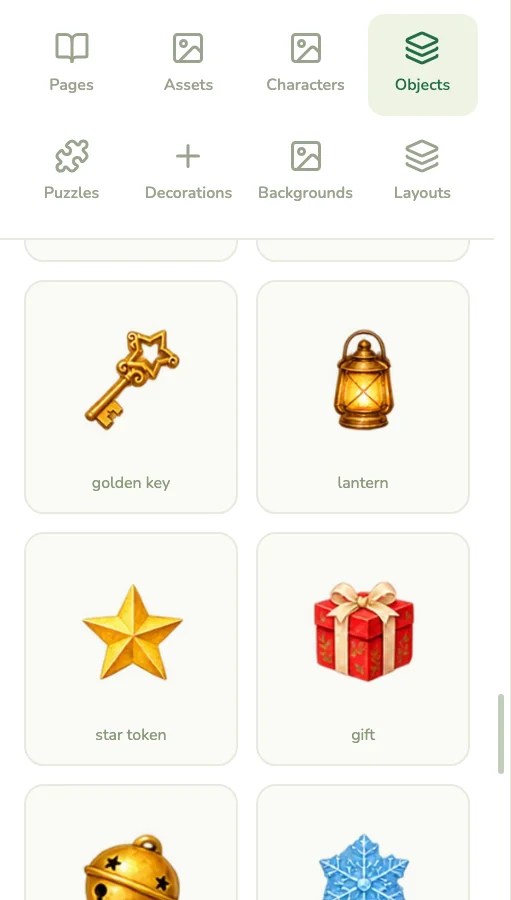Objects panel with a golden key, lantern, star token and gift