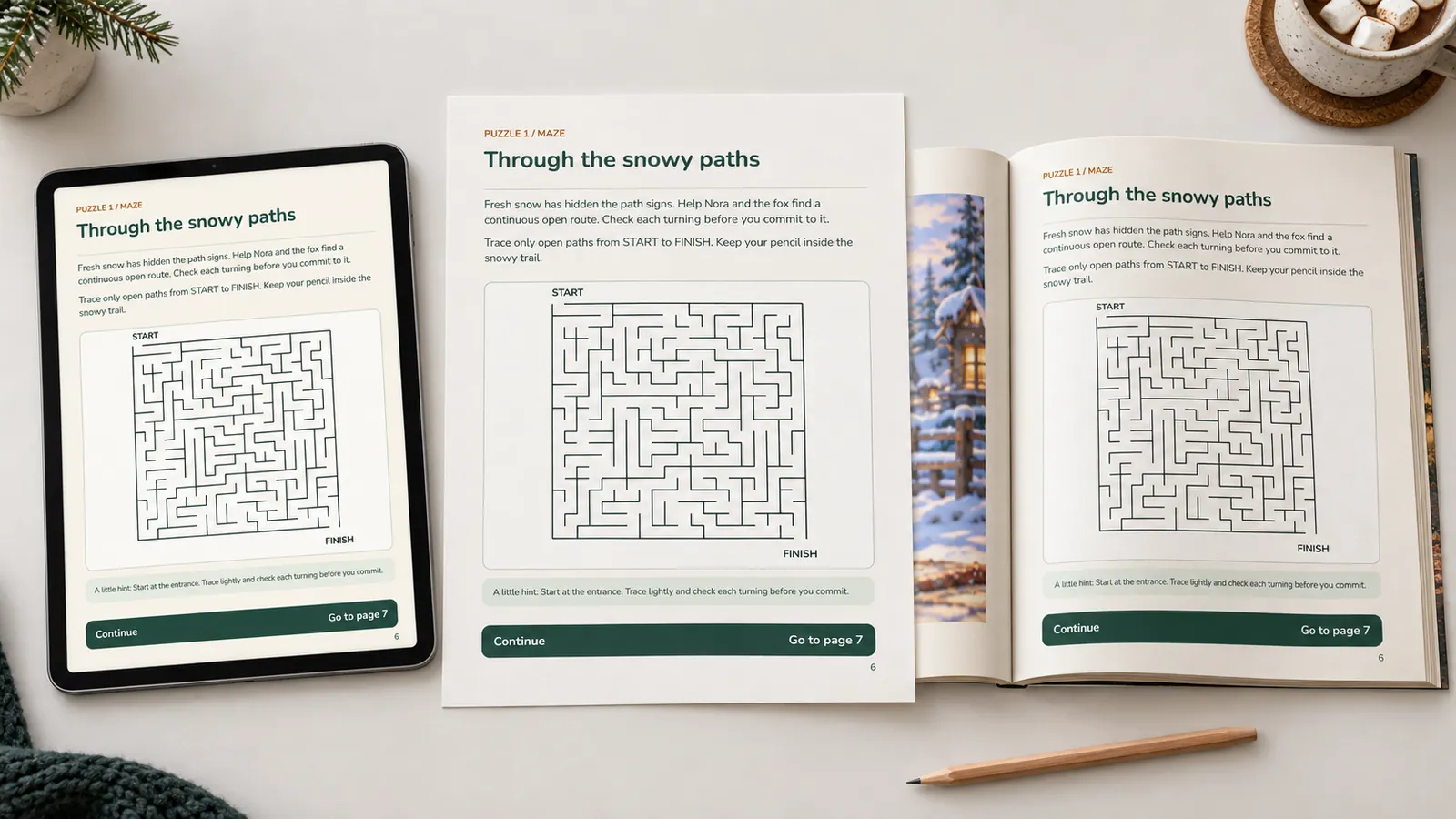 The same maze page as a tablet PDF, a printed Letter page and an 8 by 10 paperback interior