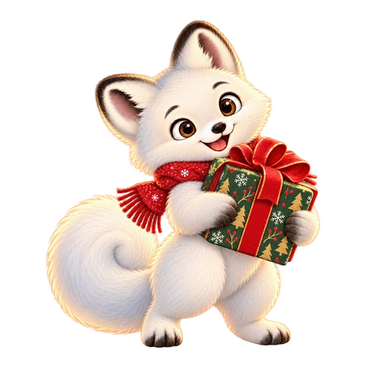 Frost the arctic fox mascot holding a gift box