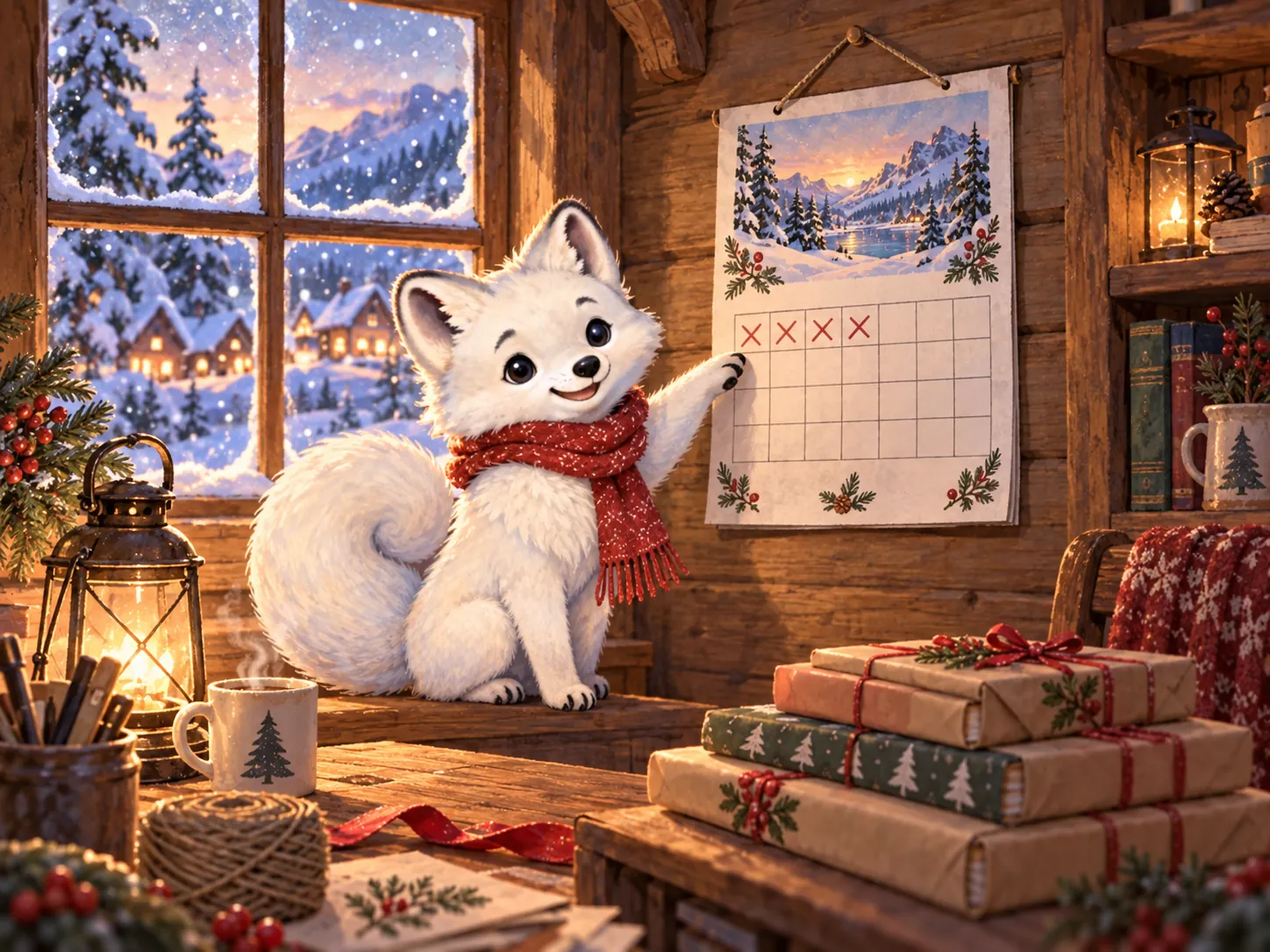 Frost pointing at a winter calendar beside wrapped books