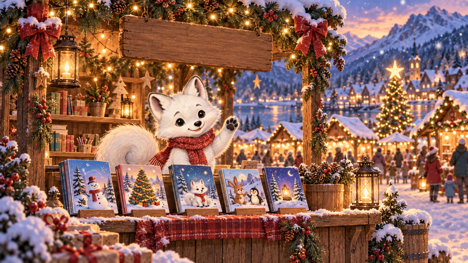 Frost as shopkeeper at a Christmas market stall full of activity books