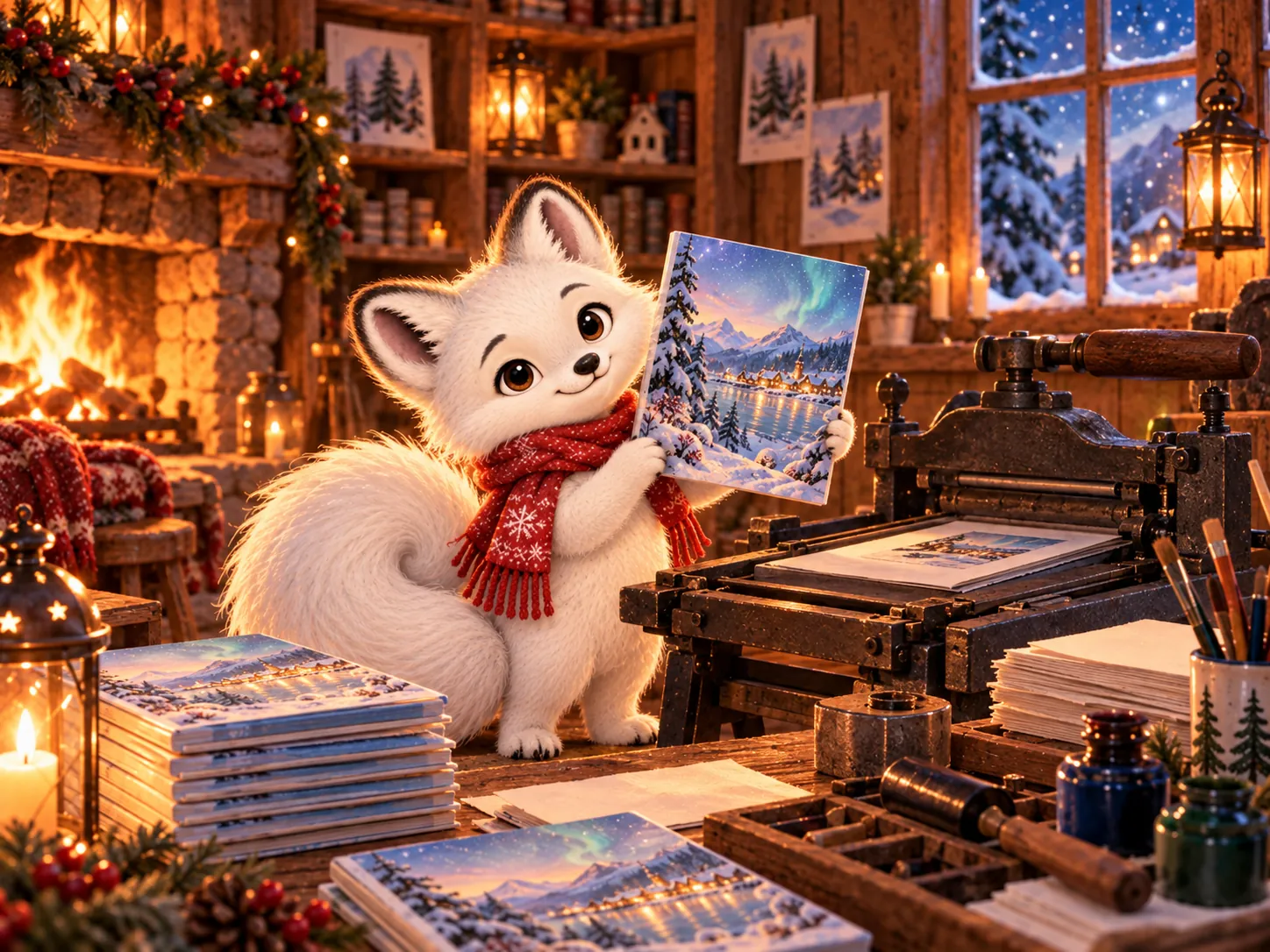 Frost beside a vintage printing press holding a freshly printed book