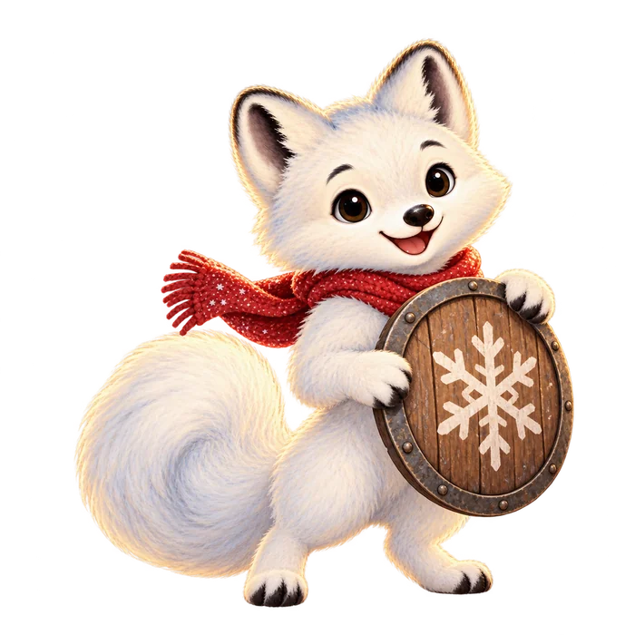 Frost holding a wooden shield with a snowflake emblem