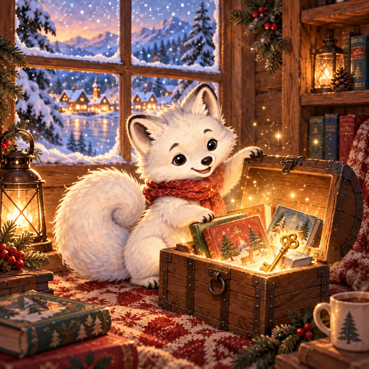 Frost opening a glowing treasure chest of holiday books and a golden key