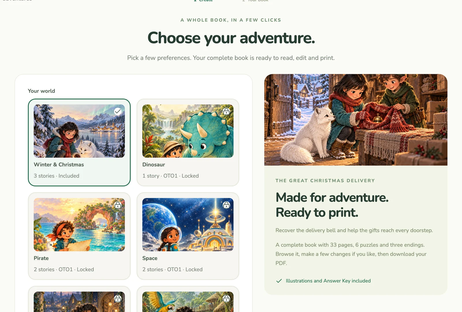The create screen with the Winter and Christmas world selected and a story preview