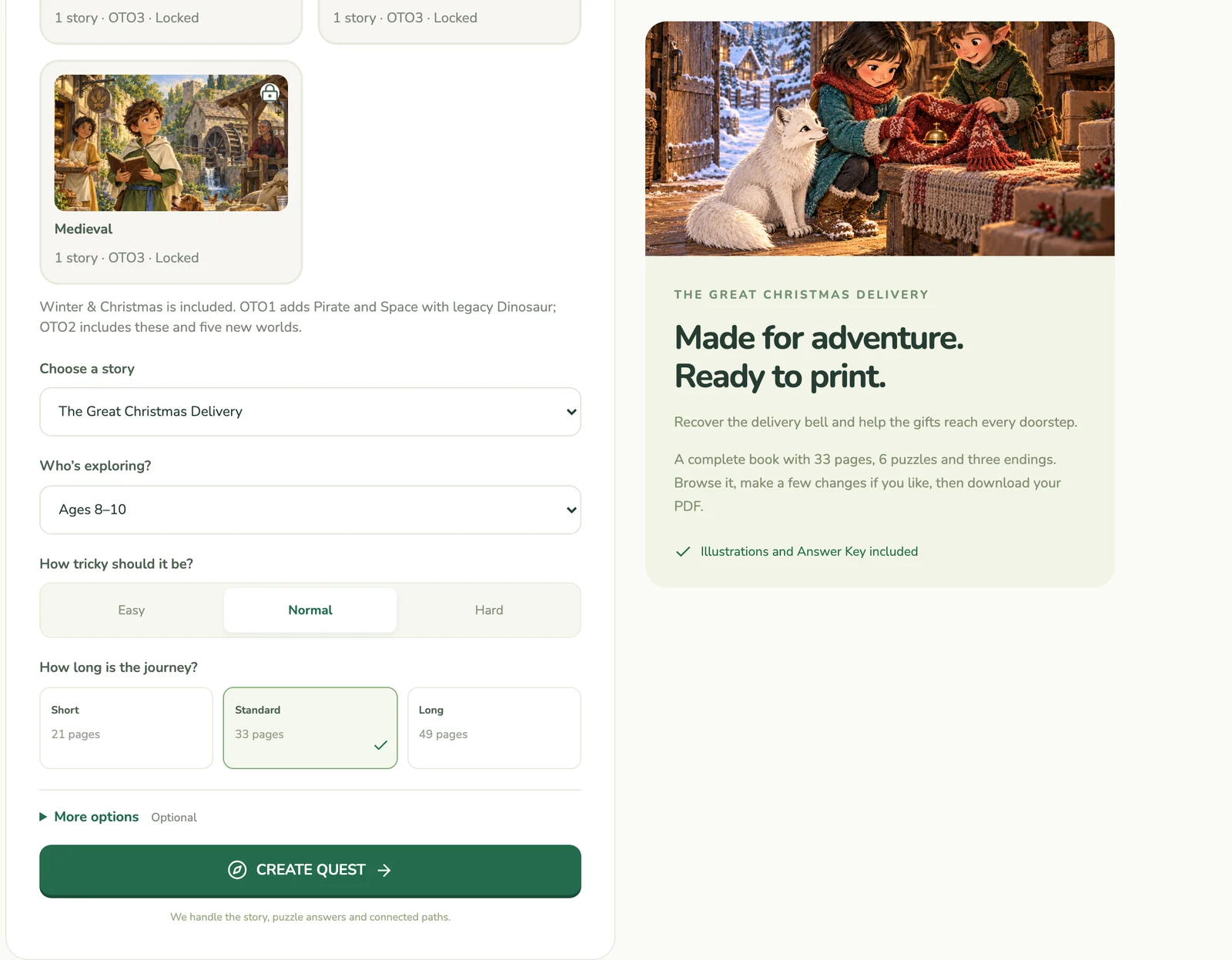 Story, age, difficulty and length options above the CREATE QUEST button
