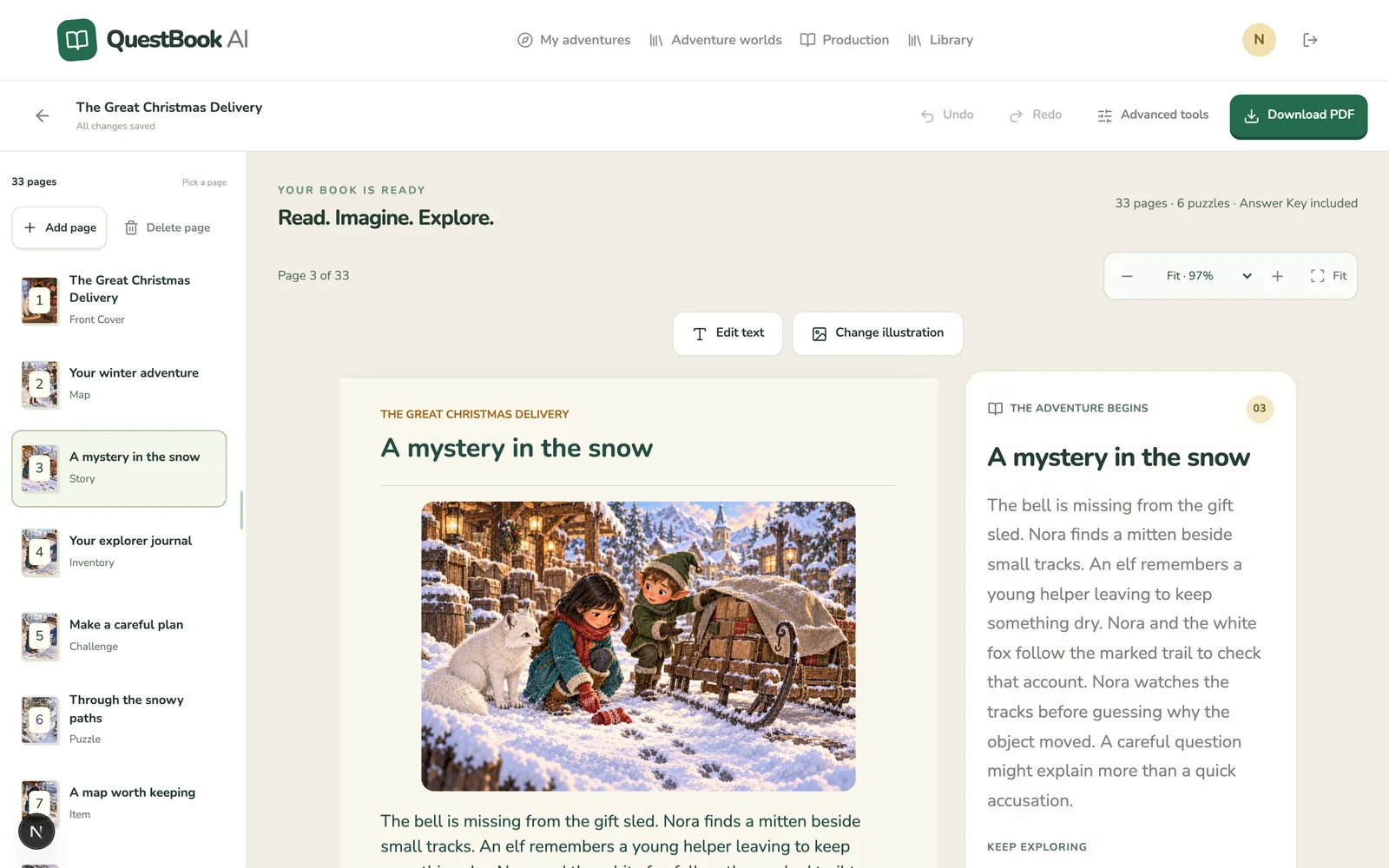 An illustrated story page in the editor