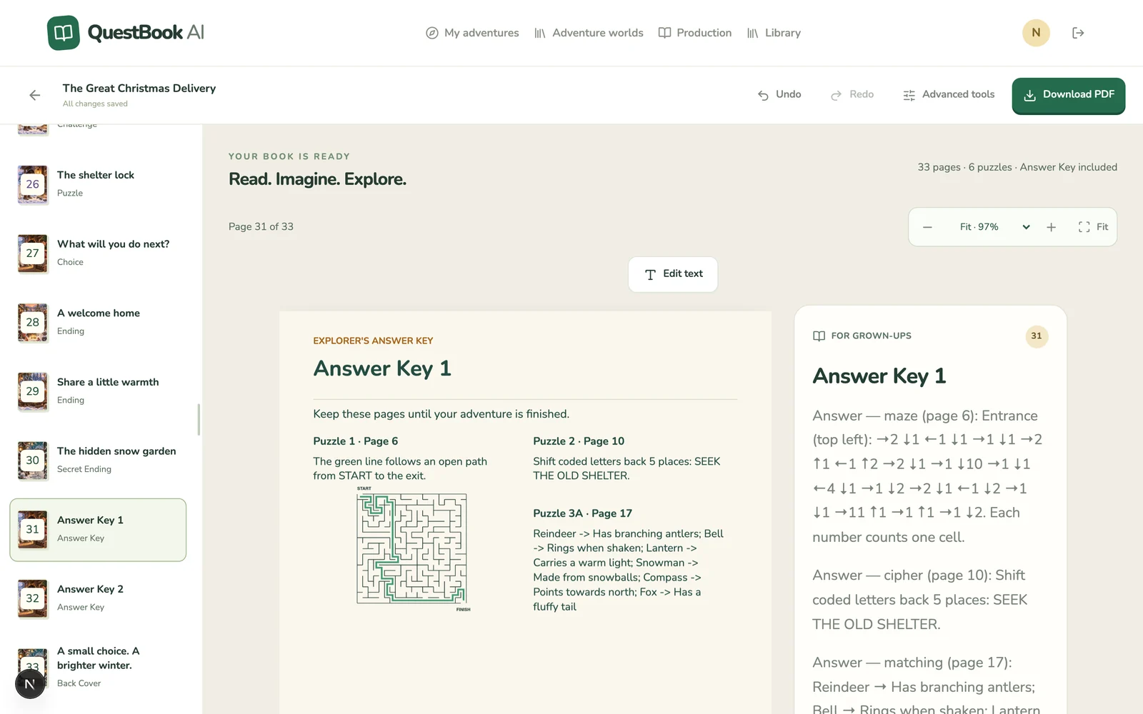 The answer key page listing every puzzle solution