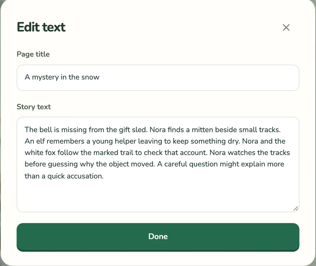 Edit text dialog for the page title and story