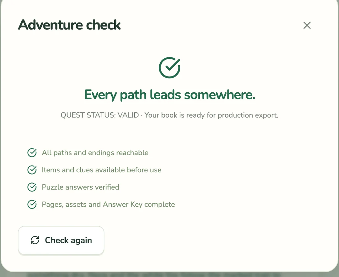 Adventure check showing QUEST STATUS VALID