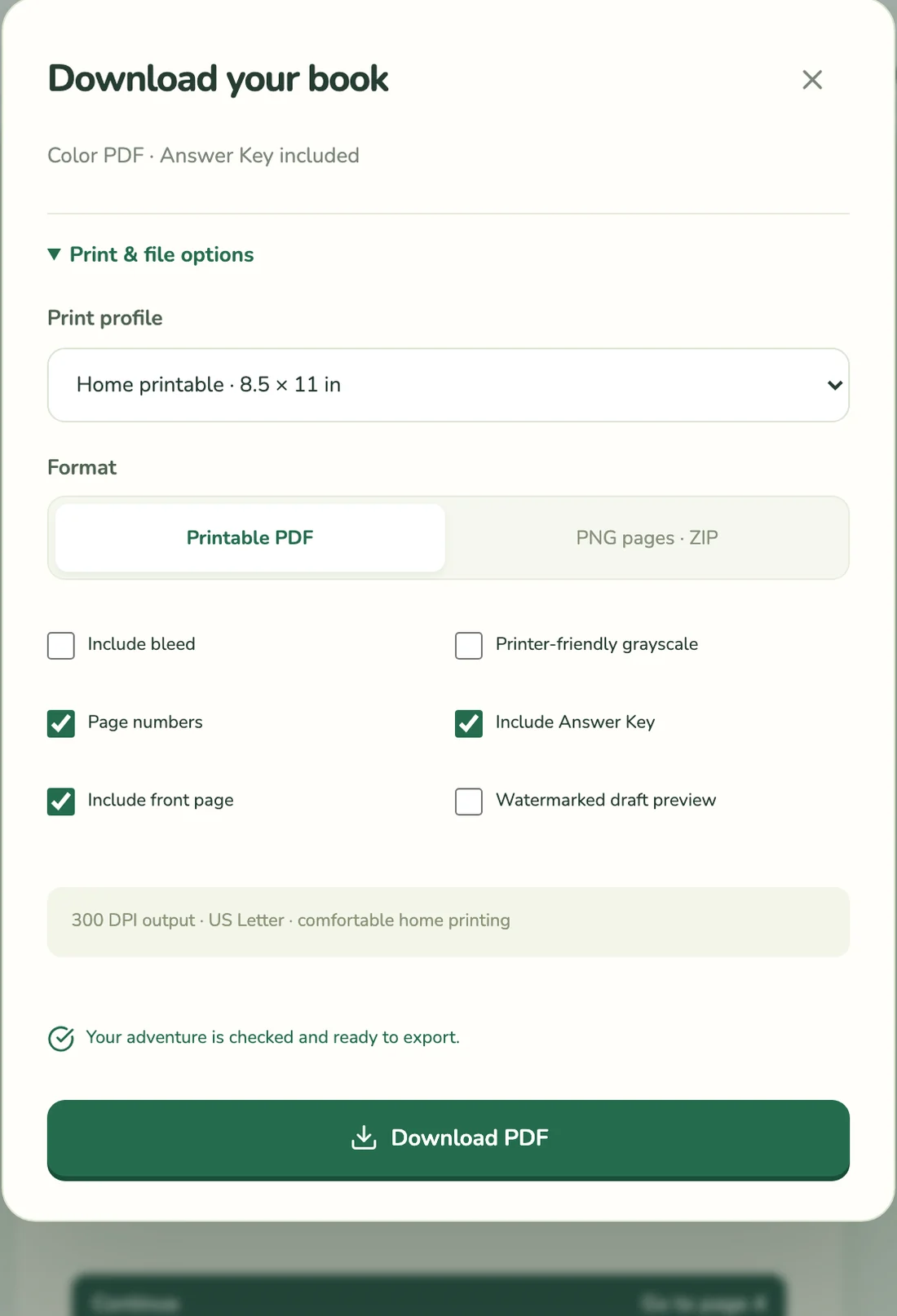Download dialog with print profile, PDF or PNG, bleed, grayscale and answer key options