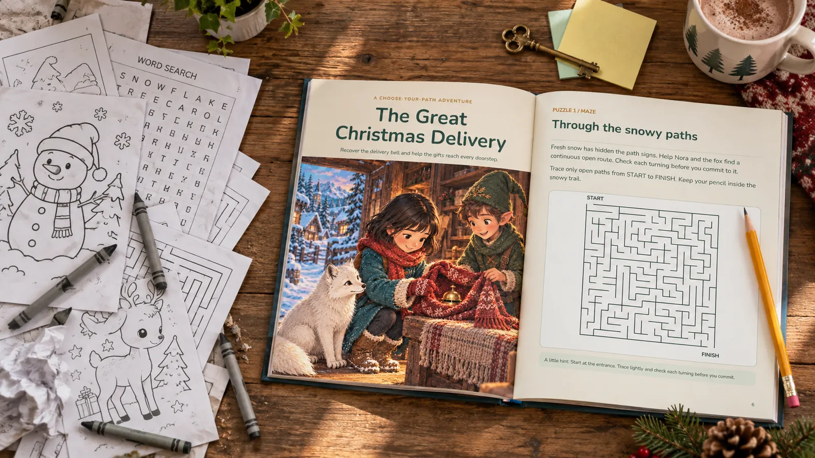 Plain coloring pages and word searches next to an open, colorful adventure book with a key and pencil