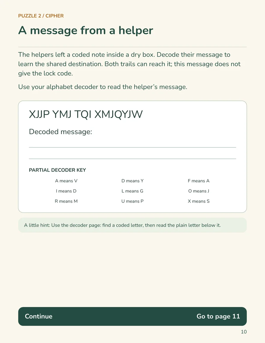 Secret cipher puzzle page