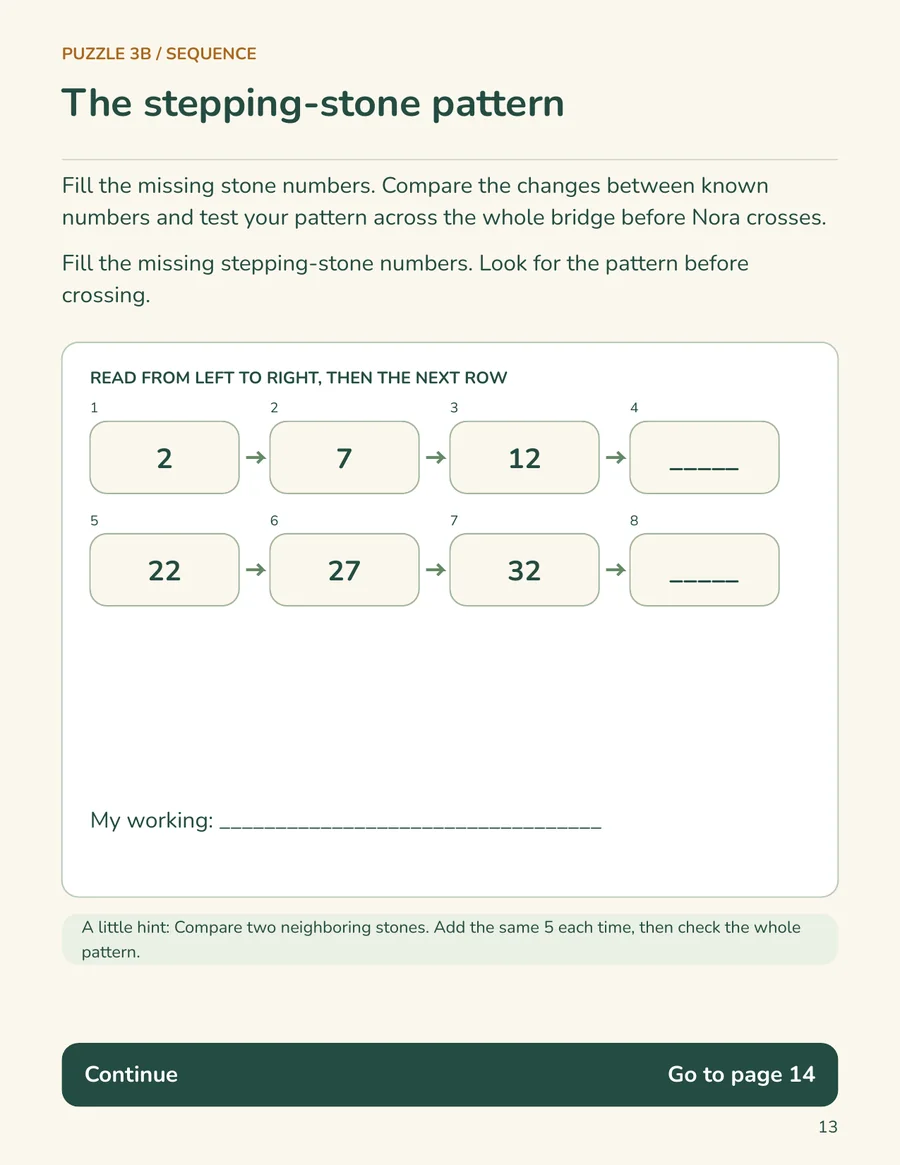 Number sequence puzzle page