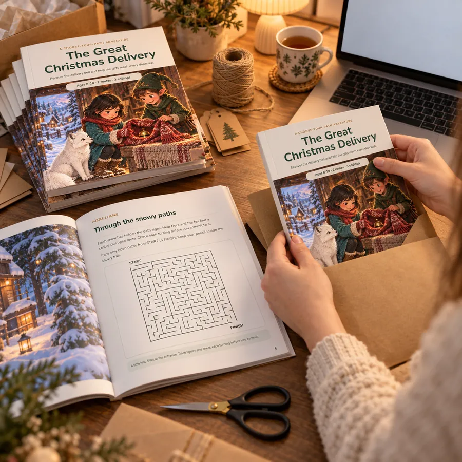 A small seller packing printed activity books