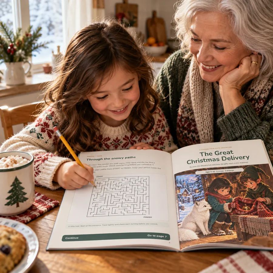 A grandparent and grandchild solving a maze